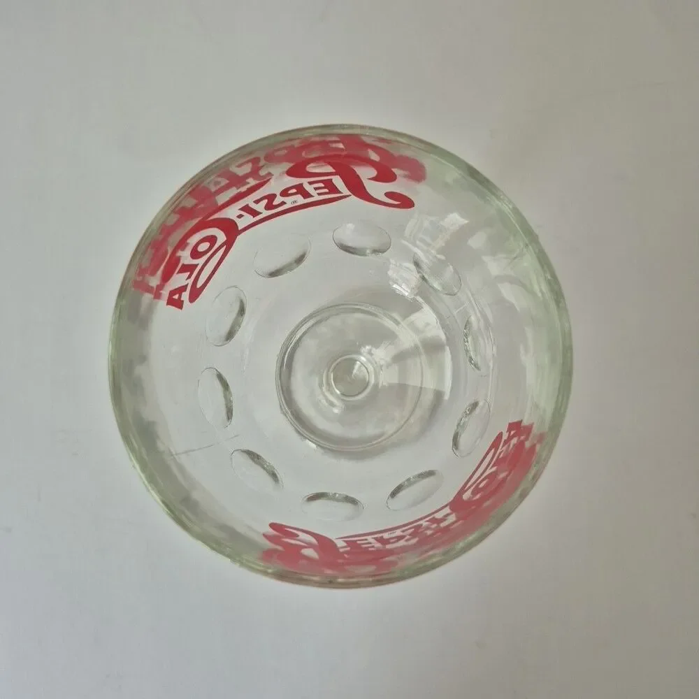 Pepsi Cola VTG Thick Clear Thumbprint Goblet Red Script Logo Pedestal Glass 16OZ